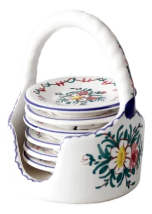Vintage Crespo Spanish Faience Coaster Set With Basket Holder