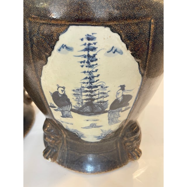 Pair Antique Chinese Brown Glaze With Blue & Withe Decor Garden Stools For Sale - Image 4 of 16