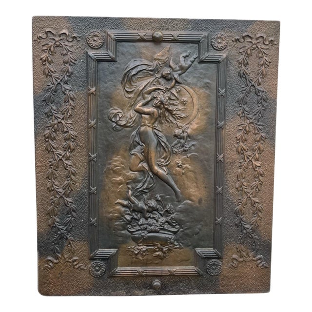French Art Nouveau Cast Iron Allegorical Maiden Architectural Wall Plaque, Circa 1900–1930 For Sale