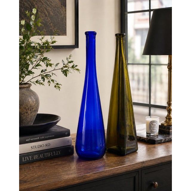 Contemporary Pair of Tall Sculptural Art Glass Bottles in Cobalt Blue & Olive Green For Sale - Image 3 of 3