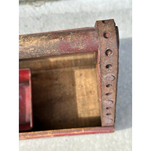 Wood Antique Early 20th Century Red Rustic Farmhouse Wooden Tool Caddy For Sale - Image 7 of 11