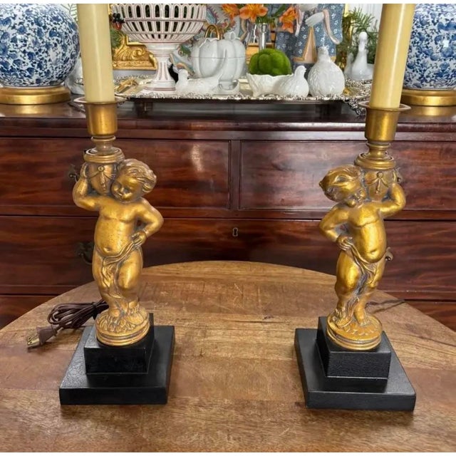 Mid to Late Twentieth Century Gold Cherub Putti Buffet Column Lamps, a Pair For Sale - Image 6 of 6