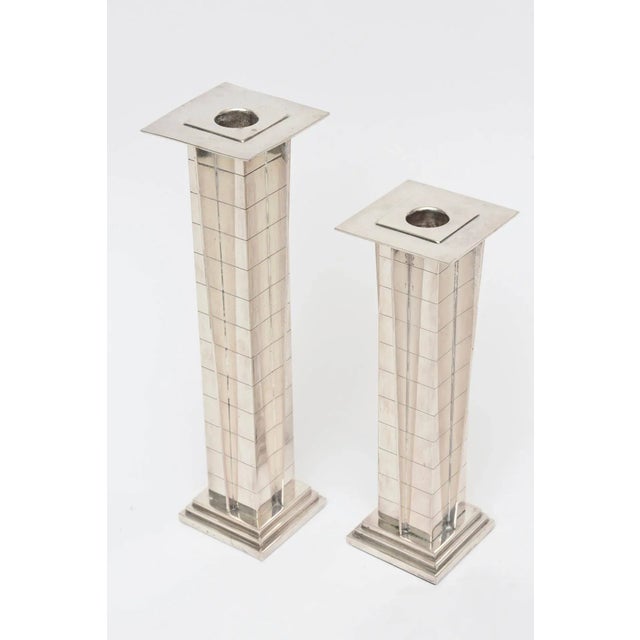 The two different sizes of these amazing and stunning period silver plate Art Deco style candlesticks have the squared...