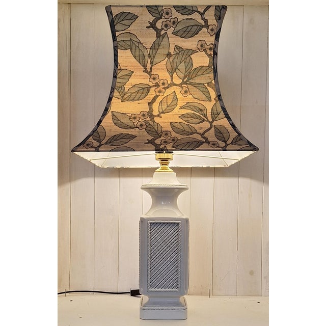 1980s Large Vintage White Ceramic Table Lamp with Fabric Shade, 1980s For Sale - Image 5 of 8