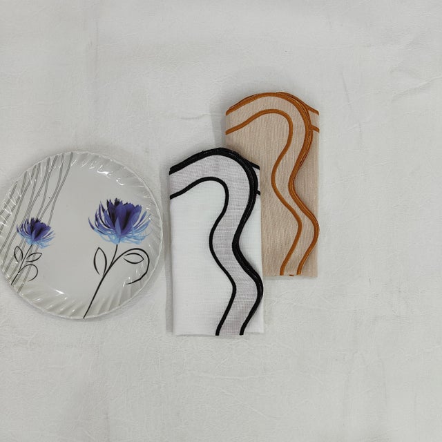 Indian Handmade Wave Scalloped Napkins with Double Embroidered Trim, White - Set of 4 For Sale - Image 3 of 6