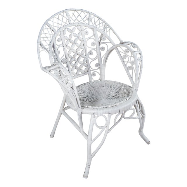 Antique Victorian White Painted Wicker Rattan Boho Chic Peacock Armchair For Sale
