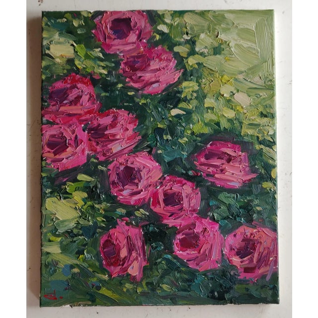 Impressionist Pink Roses Abstract Botanical Still Life Oil Painting For Sale - Image 3 of 3