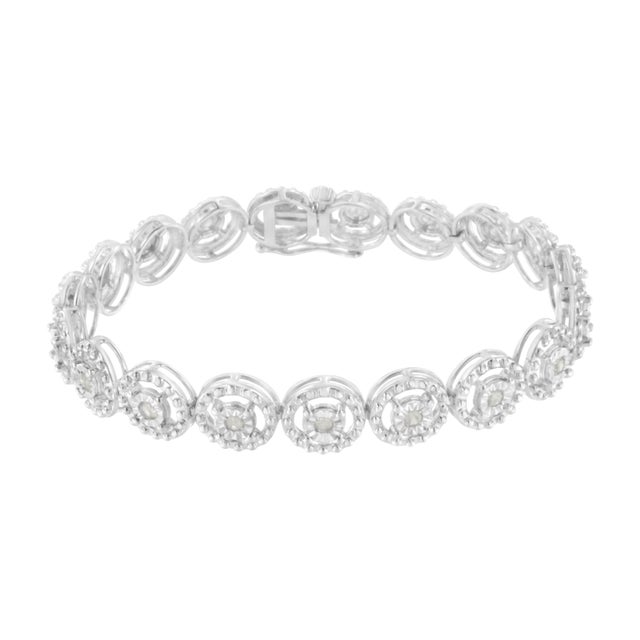 Contemporary .925 Sterling Silver 1.0 Cttw Diamond Nested Circle Miracle Set Open Wheel 7" Fashion Link Bracelet (I-J Color, I3 Clarity) For Sale - Image 3 of 7