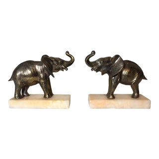 Vintage Brass and Marble Elephant Bookends - a Pair For Sale
