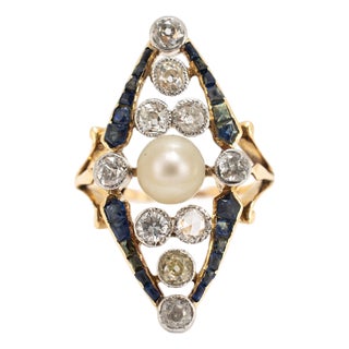 Art Nouveau Platinum 18k Gold 1.77ctw Pearl Sapphire Diamond Navette Ring, Size 4.25 For Sale