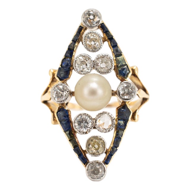 Art Nouveau Platinum 18k Gold 1.77ctw Pearl Sapphire Diamond Navette Ring, Size 4.25 For Sale