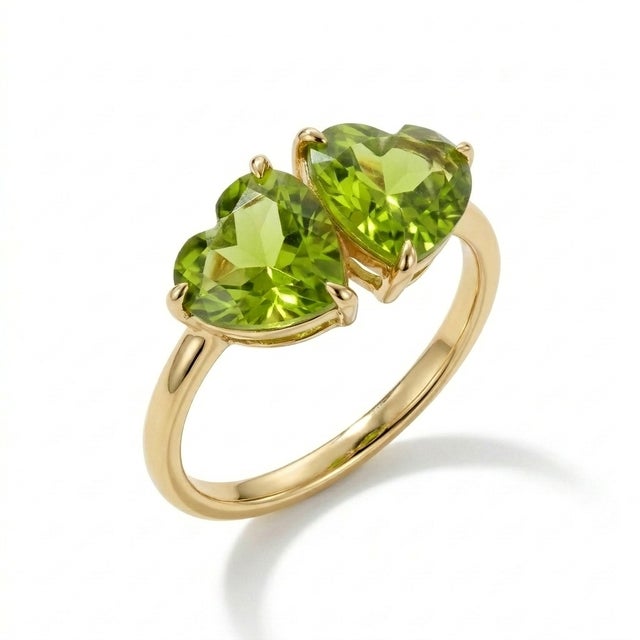 Contemporary Peridot Double Heart Shape Ring, 925 Silver August Birthstone Ring Us 7 For Sale - Image 3 of 4
