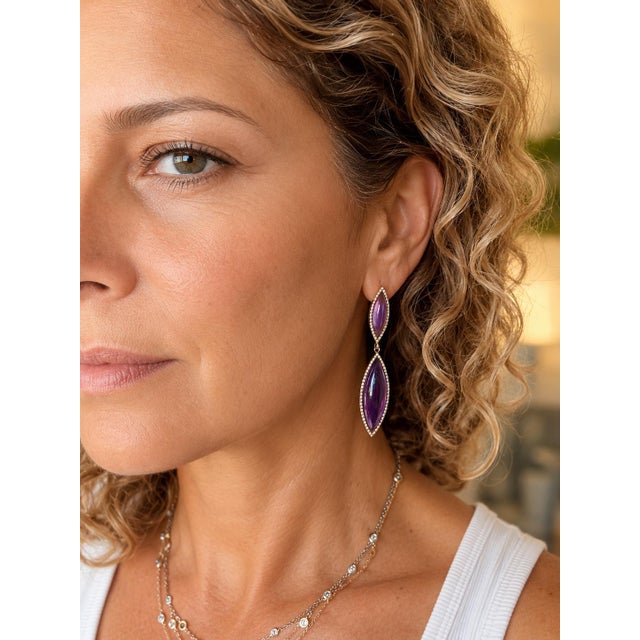 Metal Italian 14k Gold Sugarloaf Amethyst & Diamond Drop Earrings, Pair For Sale - Image 7 of 7