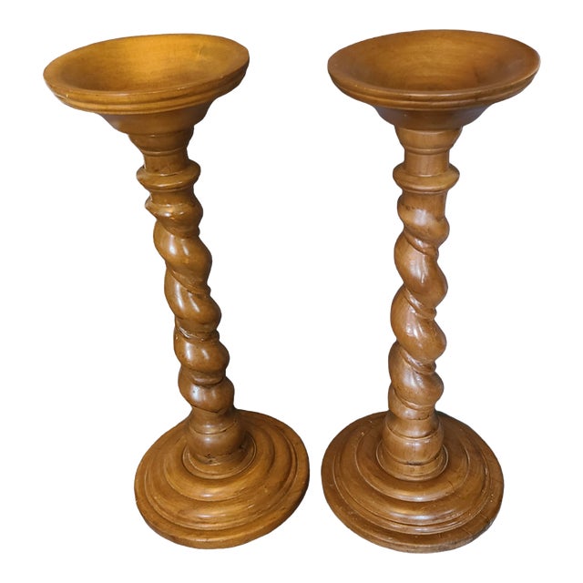 Antique Pair Wood Barley Twist Pedestal Plant Candle Stands For Sale