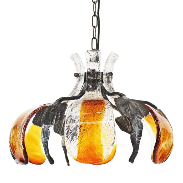 Brutalist Glass & Iron Chandelier, 1970s For Sale