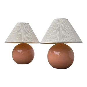 1970s Postmodern Pink Peach Ceramic Orb Table Lamp-A Pair