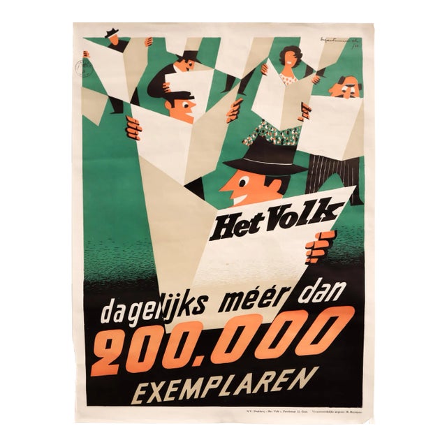 1958 Belgian Newspaper Poster - Het Volk, Dagelijks Meer Dan 200.000 Exemplaren (More Than 200,000 Copies Daily) For Sale