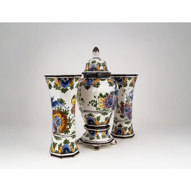 Mid-Century Modern Vintage Polychrome Garniture Set by Oud Delft, 1940s, Set of 3 For Sale - Image 3 of 18