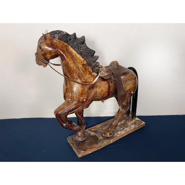 Antique American Folk Art Composition Plaster Horse With Leather Saddle & Horsehair Tail For Sale - Image 4 of 11