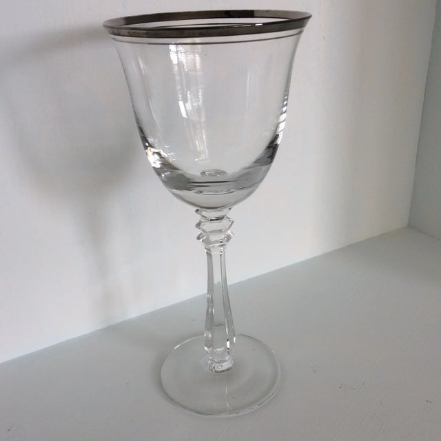 Vintage Double Line Platinum Rim Crystal Wine Glasses - a Pair For Sale - Image 4 of 13