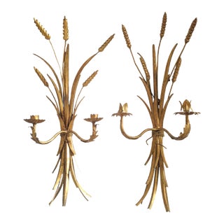 Vintage Italian Tole Gilded Gold Wheat Sheath Candle Sconces- Set of 2 For Sale