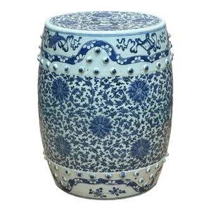 Oriental Blue and White Blossom Flowers Double Coins Porcelain Round Stool Table