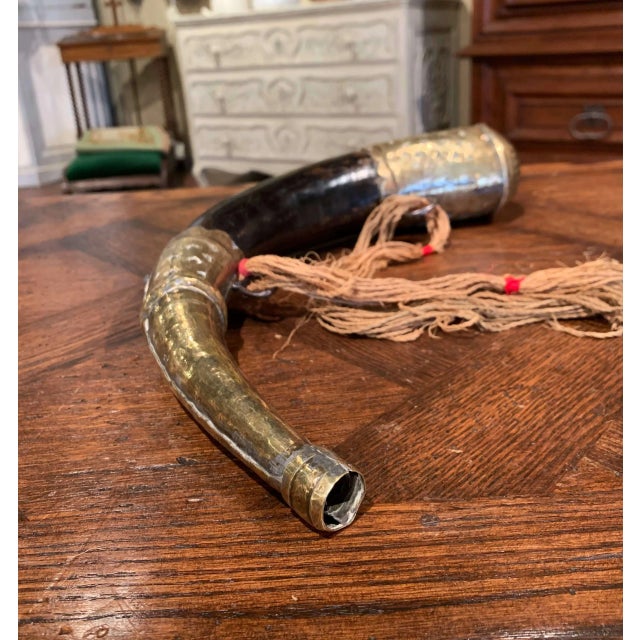 19th Century French Mounted Drinking Horn With Engraved Brass and Tassels For Sale - Image 9 of 10