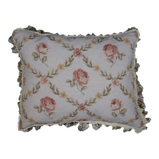 Mid 20th Century Down Filled Floral Crossed Roses Needlepoint Tassel Lumbar Throw Pillow For Sale