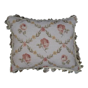Mid 20th Century Down Filled Floral Crossed Roses Needlepoint Tassel Lumbar Throw Pillow