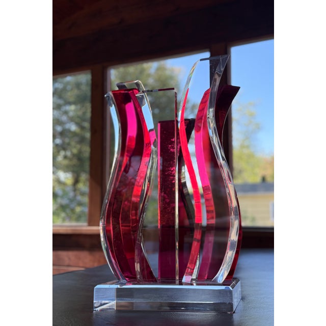 Vintage David Muniz 23" Ruby Red & Clear Lucite Art Sculpture 1996, Signed. Rare For Sale - Image 10 of 14