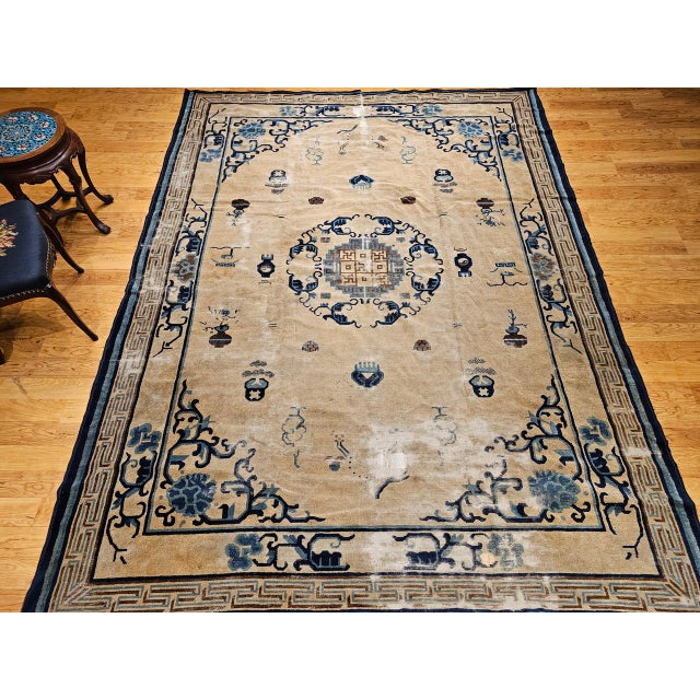 19th Century Chinese Peking Rug, Handwoven Wool, Good Fortune Symbols, 8' x 11' For Sale - Image 10 of 18