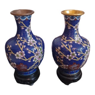 Vintage Pair of Blue Cloissone Vases With Stands For Sale