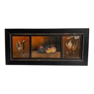 Antique Triptych Signed Painting of Game Birds & Still Life Fruit For Sale