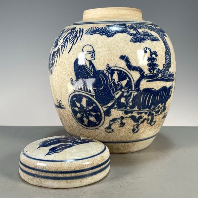 Ceramic Chinoiserie Blue‑and‑White Crackle‑Glaze Lidded Ginger Jar, Figure Story Motif Porcelain Storage Canister **** For Sale - Image 7 of 9