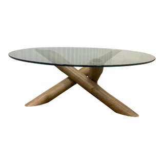 1980s Vintage Tripod Bamboo and Glass Coffee Table For Sale
