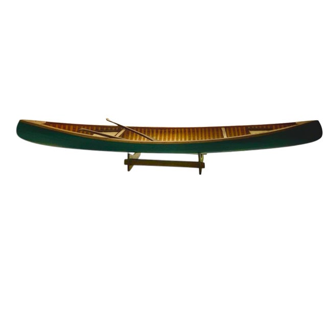 Folk Art Canoe Model With Paddle and Base Large Wood Rowboat Vintage Cabin Nautical Decor For Sale - Image 3 of 7