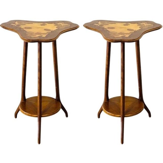 Louis Majorelle Art Nouveau Side or Boudoir Tables Two Available; Offered Individually A pair of trefoil form, two-level,...