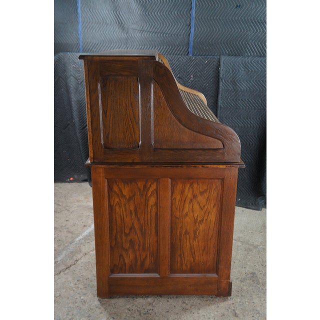Antique Quartersawn Oak Tambour Roll Top Kneehole Secretary Bankers Writing Desk For Sale - Image 17 of 17
