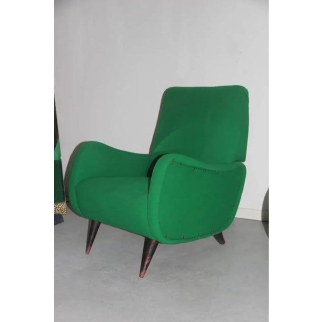 Pair of Italian Mid-Century design armchairs, woven wool blend in green cotton, feet in diagonal wood, unique, Minimalist...