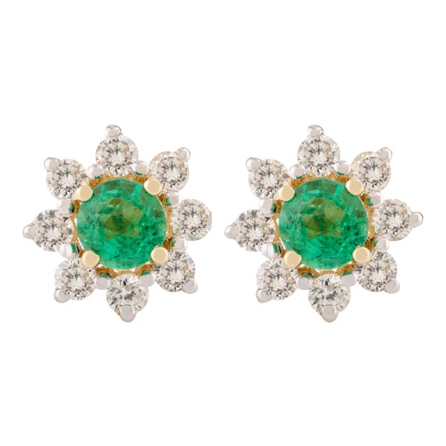 18k Gold Certified Green Emerald Solitaire Diamond Studs for Her- 2 Pieces For Sale