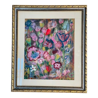 Abstract Multicolor Floral Painting in Gold Frame by Elia For Sale