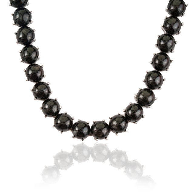 Victorian Style 147.37 Ct Black Star Cabochon Tennis Necklace With Drop Earrings Set - 3 Pieces For Sale - Image 11 of 15