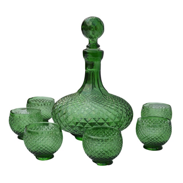 Rustic European Midcentury Italian Green Textured-Glass Decanter & Glasses Set- 7 Pieces For Sale - Image 3 of 10