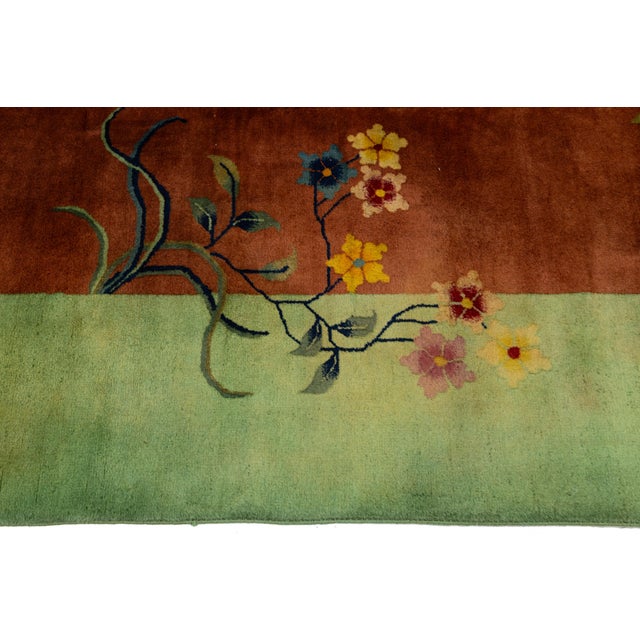 Antique Art Deco Handmade Floral Chinese Green and Brown Wool Rug For Sale - Image 10 of 13