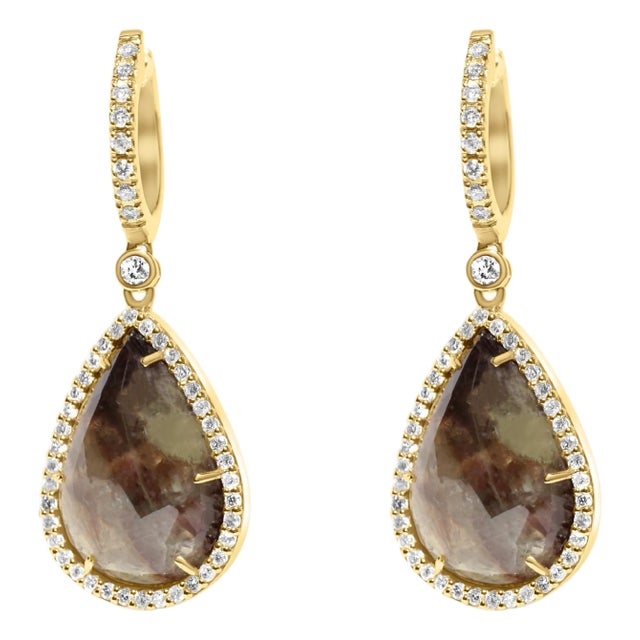 Golden Brown Black Sapphire Pear Drop Shape Sapphire Diamond Halo Gold Earrings, A Pair For Sale