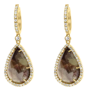 Golden Brown Black Sapphire Pear Drop Shape Sapphire Diamond Halo Gold Earrings, A Pair