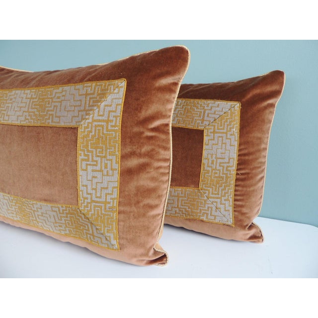 Deco Style French Silk Velvet & Trim Decorative Bolster Pillows - A Pair Golden silk backings. Hand-stitched closure....