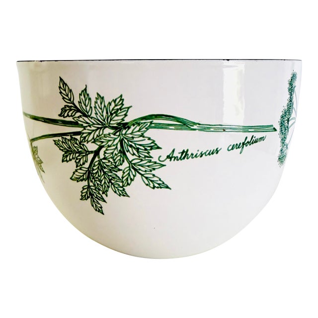 Vintage Enamel Bowl, Finel Arabia by Kaj Franck. Chervil Herb Green on White For Sale