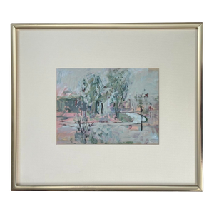 Original Abstract Expressionist Gouache Park Landscape Scene Painting