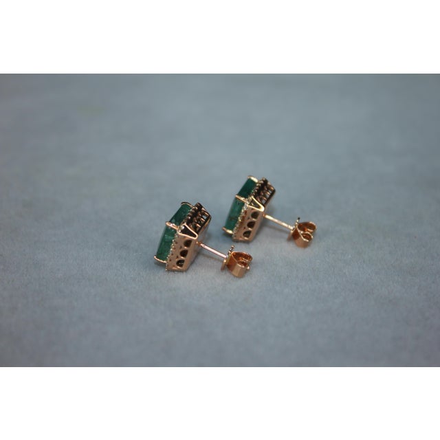 Emerald Cut Green Emerald Diamond Halo Stud 18k Rose Gold Earrings, A Pair For Sale - Image 16 of 18
